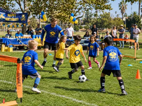 Kids in Nordic Soccer kits playing at a birthday party in the park
